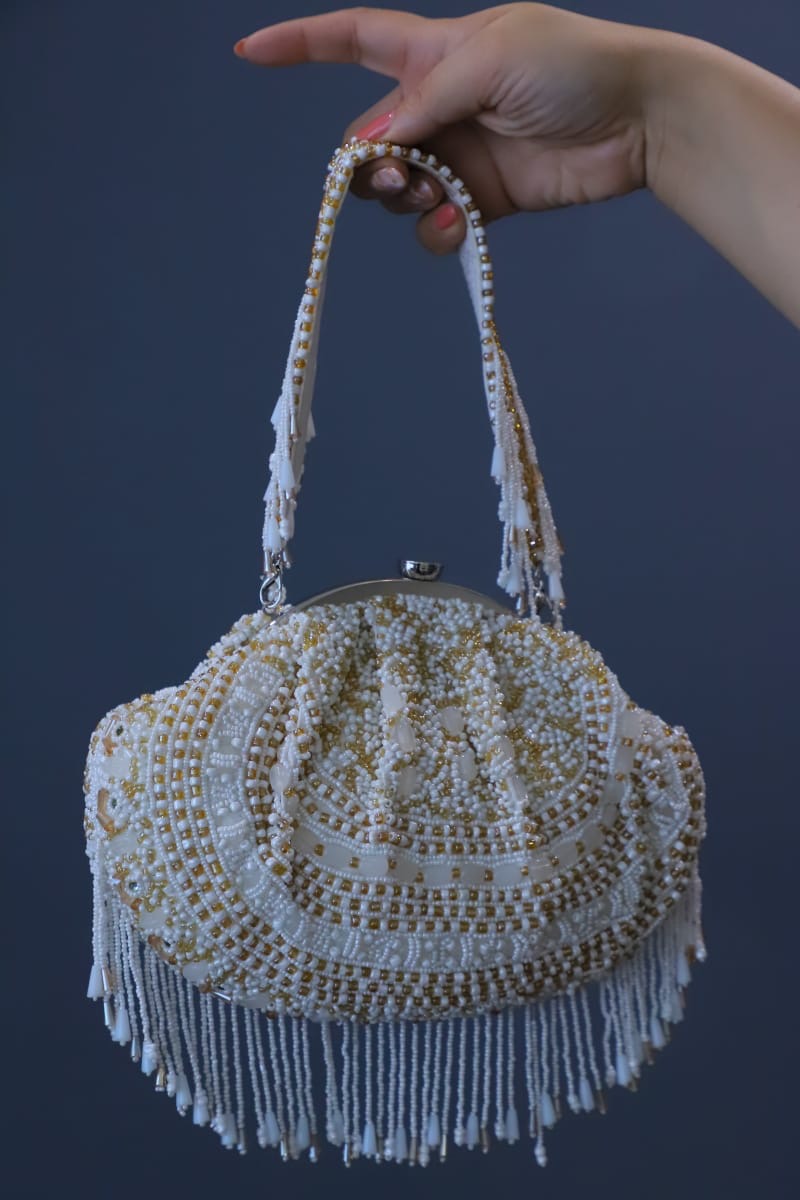 White gold beaded clutch bag