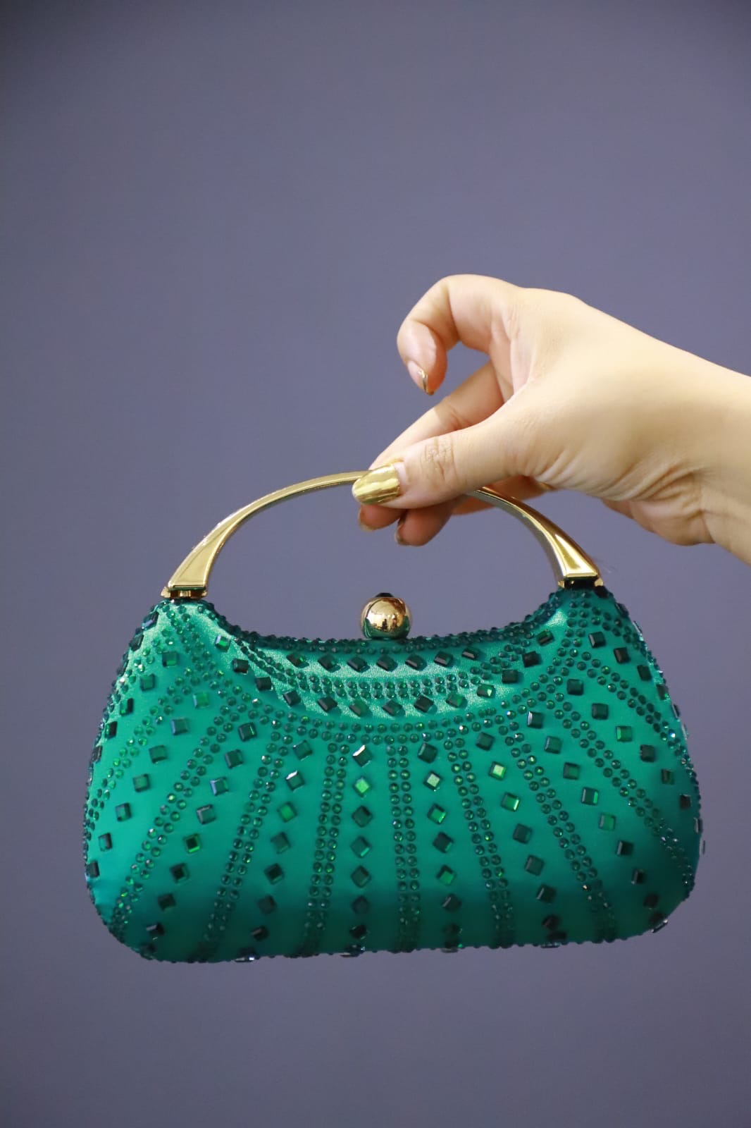 Green stone satin clutch bag