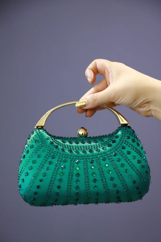 Green stone satin clutch bag