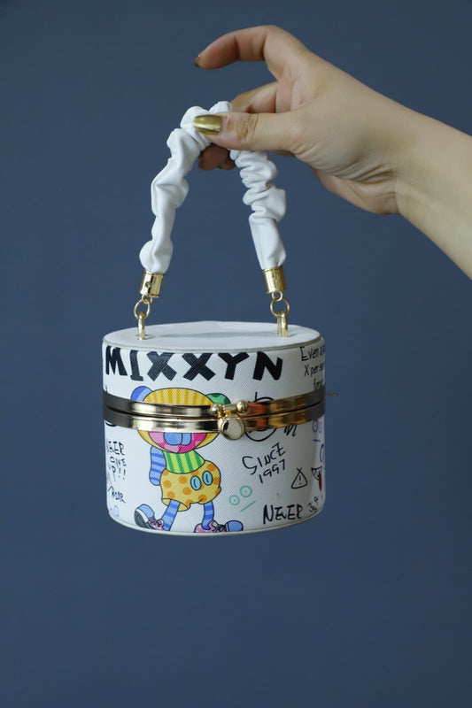 Printed white round clutch bag
