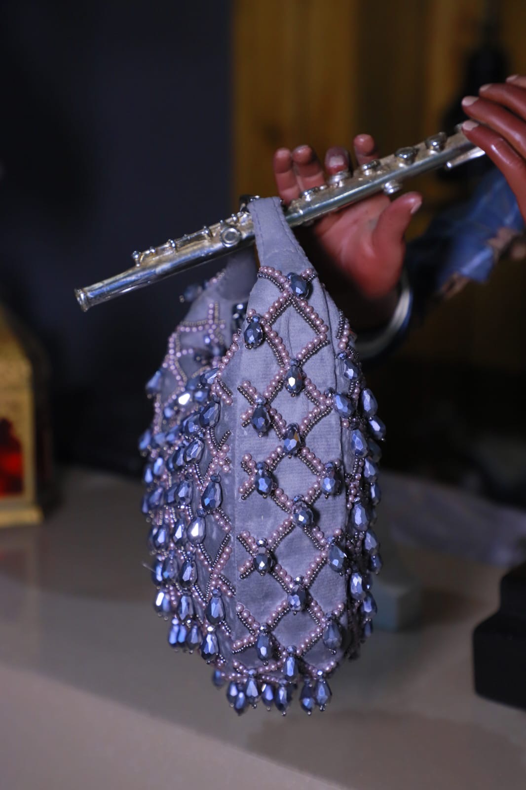 Silver crystal mini clutch bag
