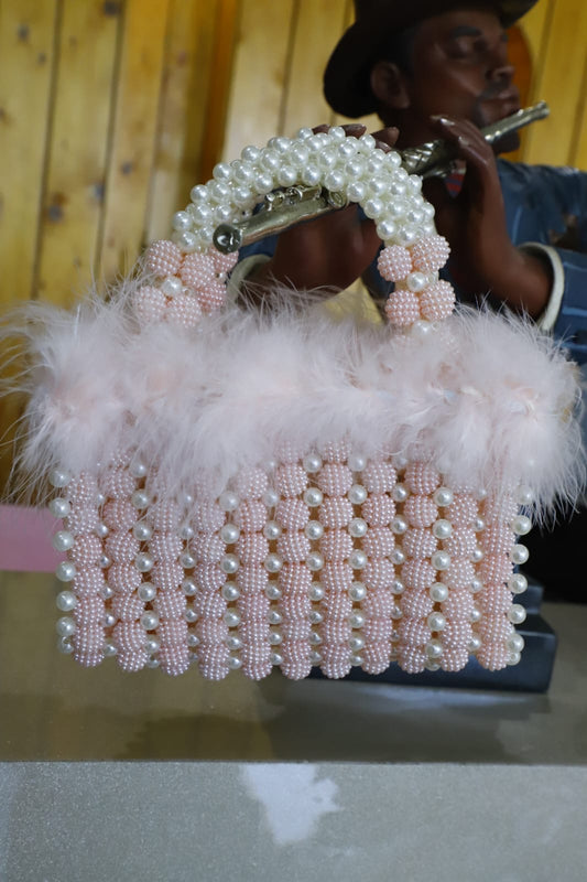 Pink feather beaded open clutch bag