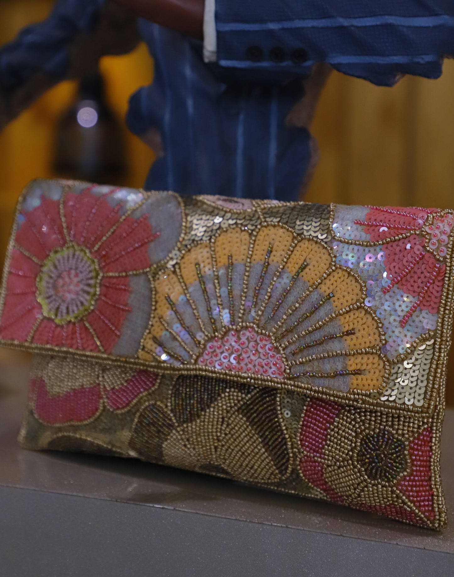Beige Multi Sequin Envelope Clutch