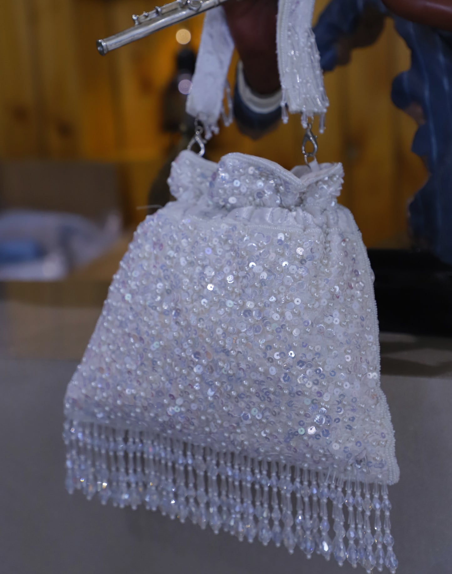 White Sequins & Embroidery Silk Potli