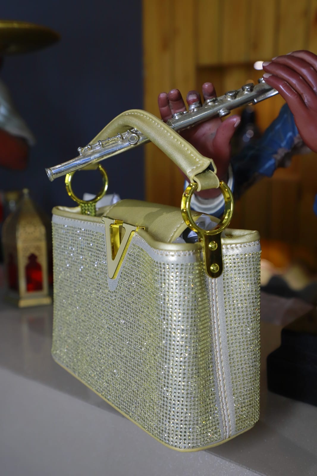 Golden Swaroski clutch bag