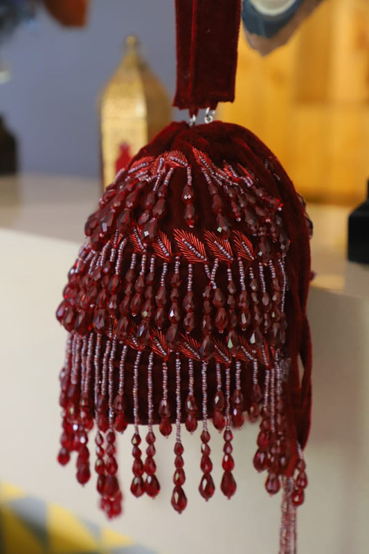 Maroon beaded tassel Potli