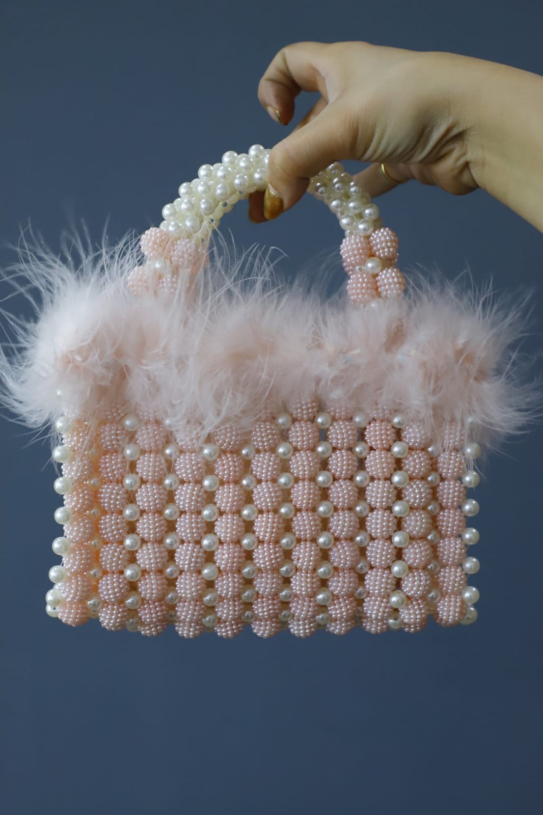 Pink feather beaded open clutch bag